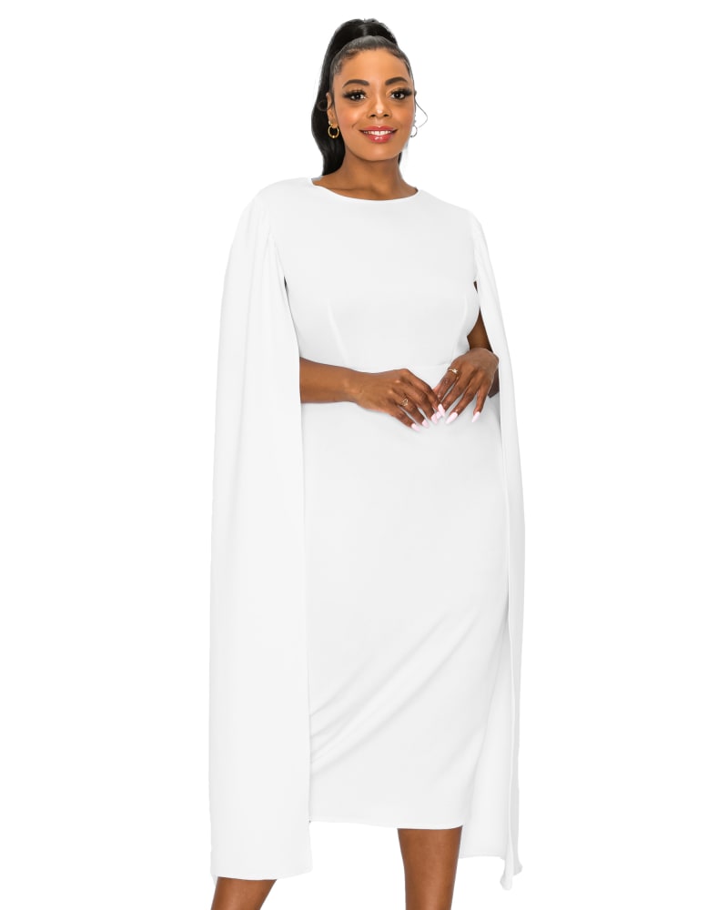 Front of a model wearing a size 3X Naomi Cape Dress in Ivory by L I V D. | dia_product_style_image_id:323596